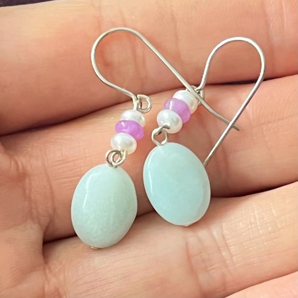 Artisan 925 Sterling Silver Semi Precious Stone Hook Earrings, Amazonite, Jade - Picture 1 of 4